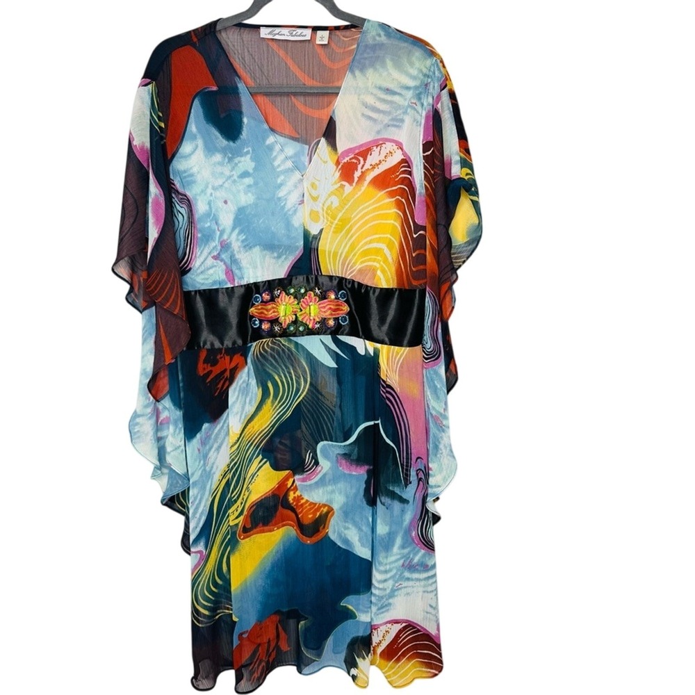 Meghan Fabulous Chiffon Sheer Dress Coverup Artsy Sunset Gathered Waist Beaded